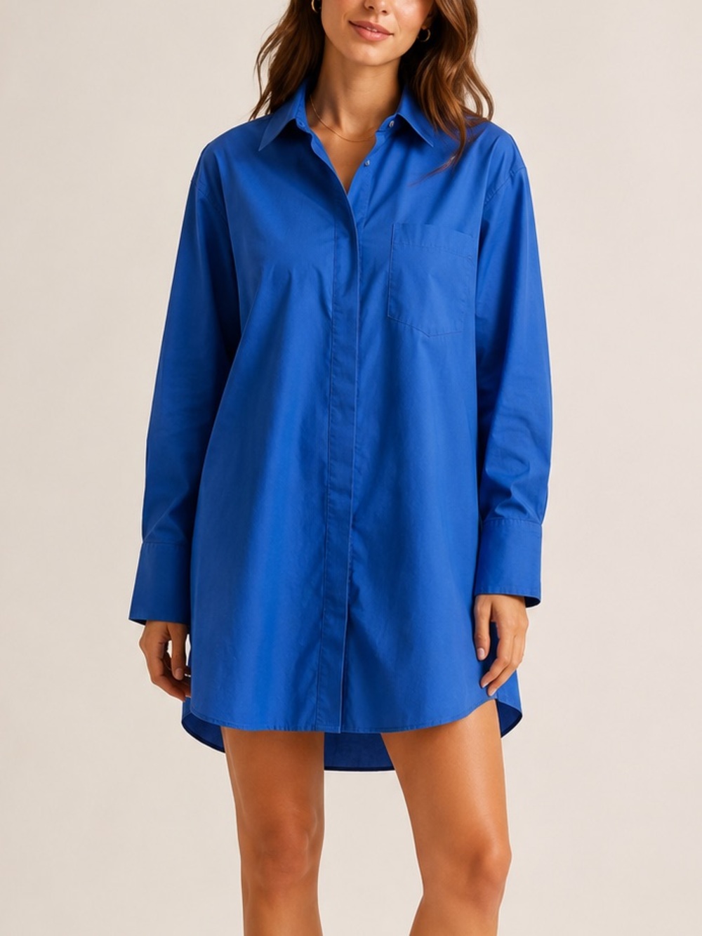 ALIX NYC Cobalt Blue Oversized Hidden Placket Poplin Minimalist Shirt Dress